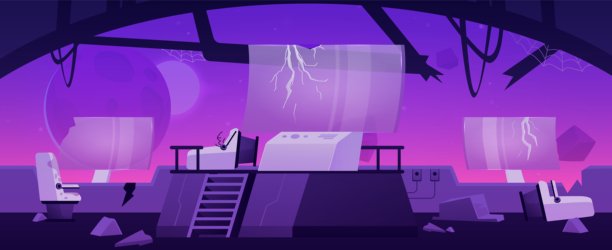 被毁坏的宇宙飞船。房间内部。图片下载