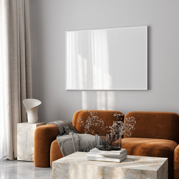 框架模型，ISO A纸张尺寸。客厅墙壁海报模型。带有房屋背景的室内模型。现代室内设计。3D渲染。图片下载