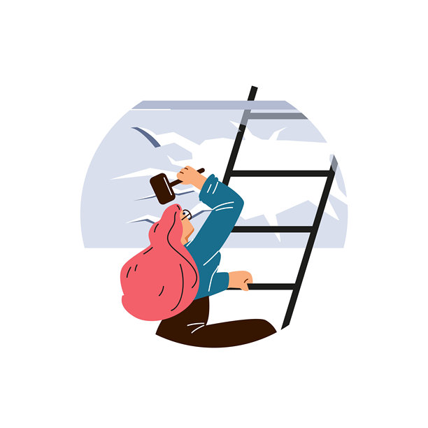 女性攀爬梯子，用锤子打破玻璃天花板的矢量插图。图片下载