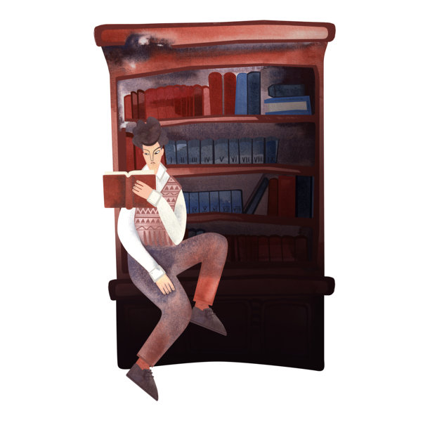 年轻的白人男性，深色卷发，穿着复古针织背心和棕色灯芯绒裤子，站在图书馆或书店的书架旁。1960年代风格。大学生手持书籍，神情平静而专注。角色。孤立的水彩插图。图片下载