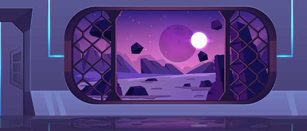 太空船内部矢量游戏科幻背景，航天器舱窗视角下的外星行星表面，飞行的岩石图片下载