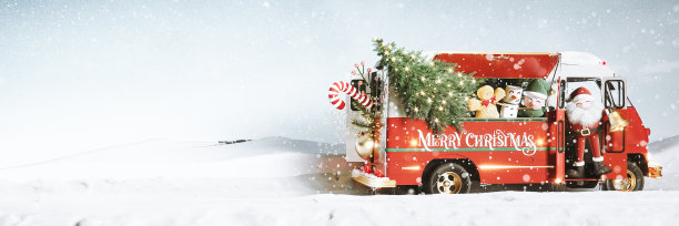 红色卡车上有圣诞老人和圣诞符号，背景是雪景。白色背景上的圣诞横幅设计，留有空白空间。图片下载