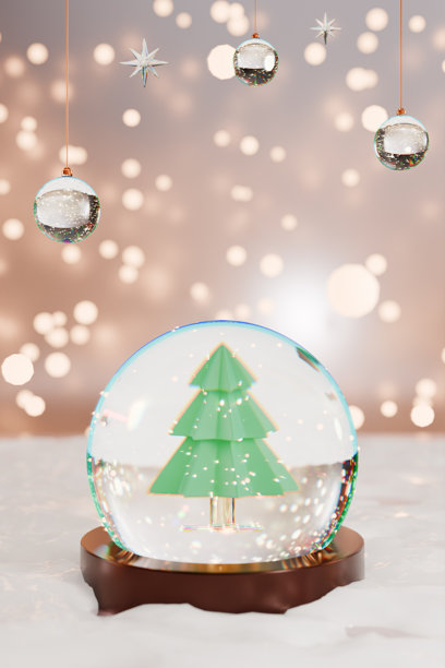 一个节日的雪花玻璃球，有一棵绿色的圣诞树，周围是闪闪发光的灯和一个雪底座。三维渲染图片下载