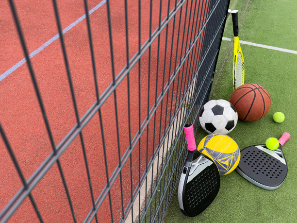 运动场上的一套各种各样的运动用球。一个大的橙色篮球，一个小的黑白足球图片下载