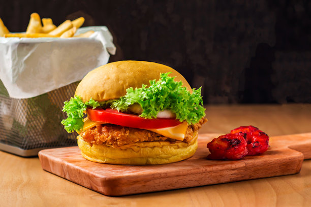 脆皮鸡肉汉堡配烤虾、生菜、西红柿、洋葱和奶酪，放在木板上，旁边有一篮薯条，快餐的侧面视图。图片下载