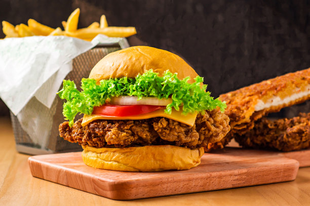 脆皮鱼汉堡，配生菜、西红柿、洋葱和奶酪，放在木板上，旁边有薯条篮，快餐侧视图图片下载