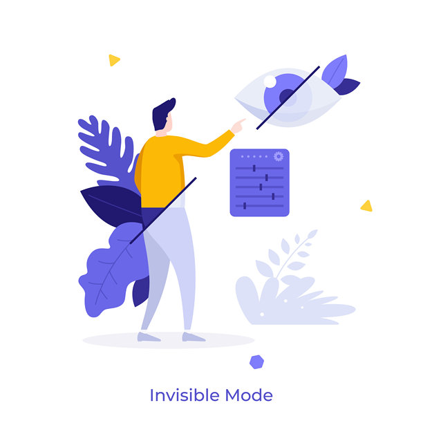 一个人看着被半透明面纱遮住的眼睛，并使用可见性控制面板。隐形模式的概念，设置或选项用于隐藏在线存在。平面矢量插图用于横幅。图片下载