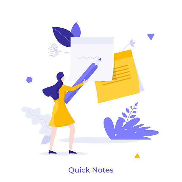 女性用铅笔在便签纸上写字。快速笔记、任务管理和规划的概念，有效工作和生产力的提醒。现代扁平化矢量插图，用于横幅和海报。图片下载