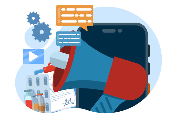 药品营销概念。药品代表与电脑和药品。药品广告，医疗保健行业。适用于网页横幅、信息图表的扁平化矢量插图。图片下载