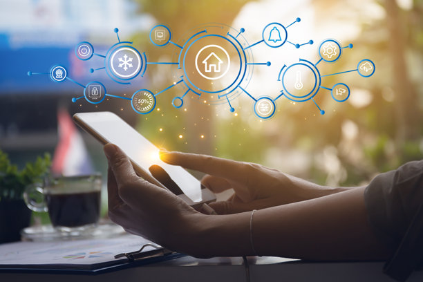 女性手持智能手机使用家居应用程序图片下载