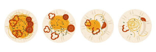 空盘子里的意大利面。卡通风格的意大利面和通心粉配番茄酱，传统意大利午餐。矢量餐点序列图片下载