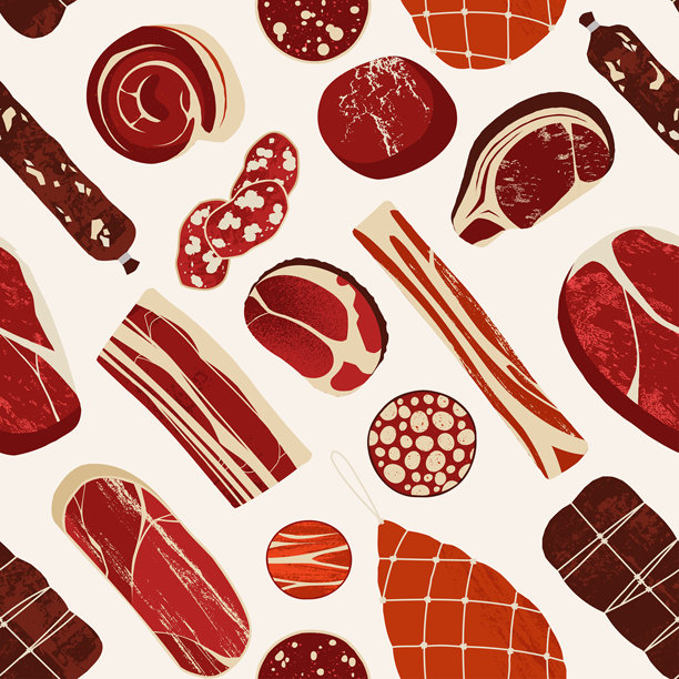 肉类产品图案。各种牛肉、猪肉、鸡肉、火腿、香肠、萨拉米香肠、牛排、熟食干肉的无缝印刷。矢量纹理图片下载