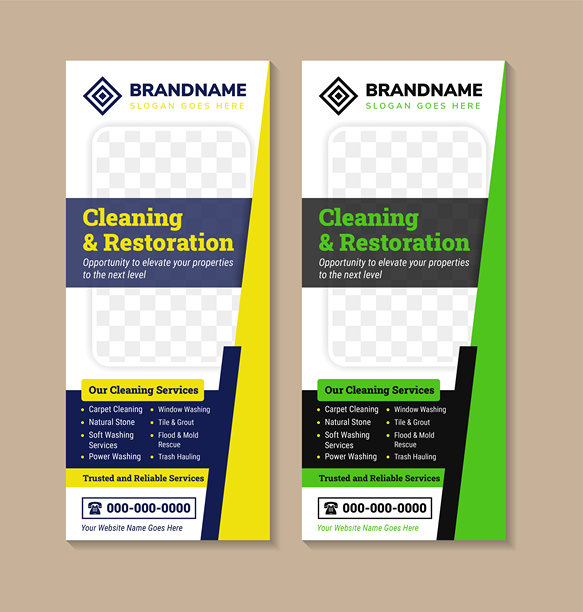 抽象设计的展架模板集合，标题为“清洁与修复”，提升您物业的机会。垂直布局，蓝色和黑色背景上留有照片拼贴的空间。图片下载