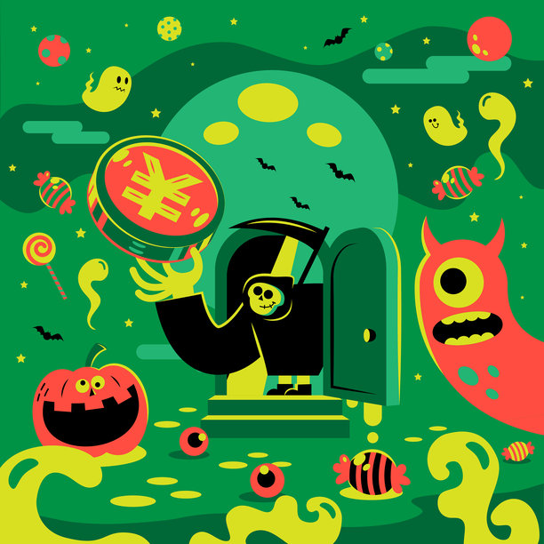 万圣节背景：满月、蝙蝠、幽灵、怪物和南瓜灯图片下载