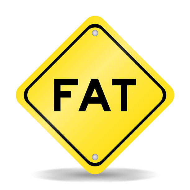黄色交通标志，上面写着“FAT”（肥胖或工厂验收测试的缩写，文件分配表），背景为白色。图片下载