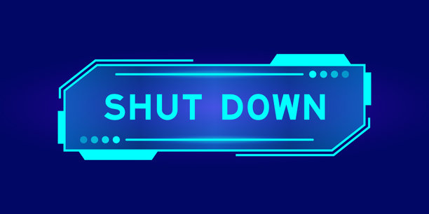 黑色背景上带有“关闭”字样的未来派HUD横幅的蓝色。图片下载