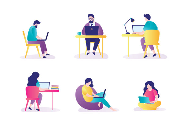 一组男女角色以各种姿势在办公室或家庭工作场所工作。商务人士在电脑或笔记本电脑上工作。图片下载