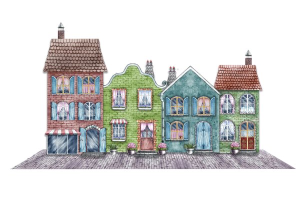 一条有复古房屋和商店的街道。可爱的砖房以复古风格建造。这幅水彩插图是手工制作的。适合印刷、儿童游戏、贴纸、剪贴簿和装饰。图片下载