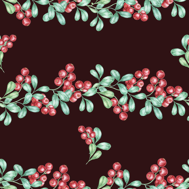 红色的蔓越莓和绿色的叶子在深棕色的背景上形成了大胆的无缝水彩图案。适合纺织品的越橘剪贴画。图片下载