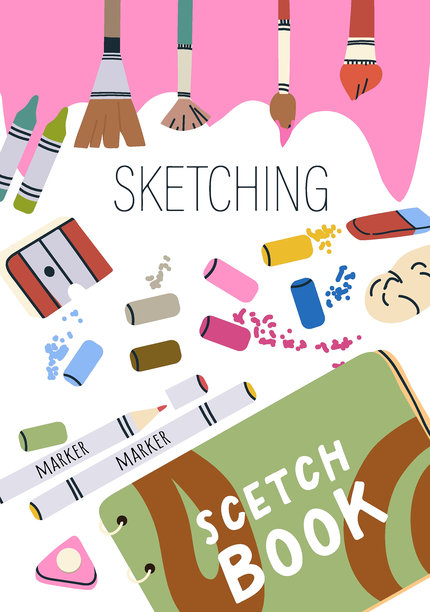 素描本封面，广告工作坊，创意会议。艺术用品，绘画，素描用品。平面矢量插图图片下载