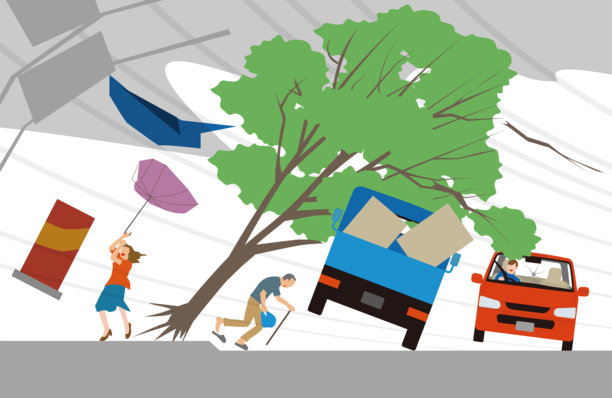 异常天气的插图，行人被阵风吹动，汽车和倒下的树木图片下载