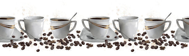 一个白色咖啡杯和一把闪亮的勺子。无缝的横向边框。一个带金边的瓷杯。数字水彩插图。烘焙咖啡豆和八角在白色背景上孤立。图片下载