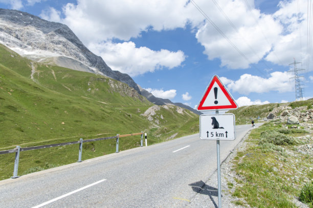 山路上的土拨鼠过马路警告标志图片下载