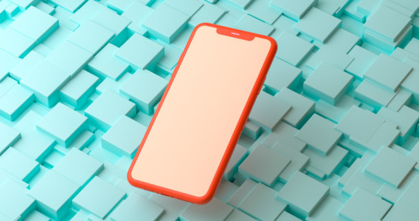 浮动智能手机的3D渲染，屏幕空白，背景为蓝色立方体 - 适合演示和展示使用图片下载