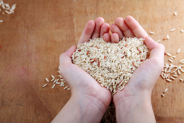 高角度视图下的手握着米饭放在桌子上图片下载