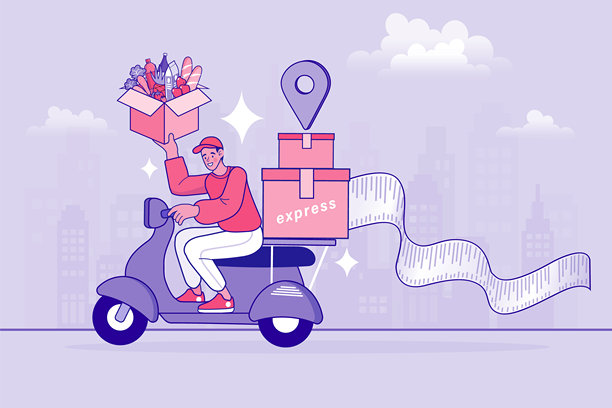 电子商务概念。在线购物。在线配送服务概念。通过手机快速送货的滑板车。骑滑板车的男人。矢量插图。图片下载
