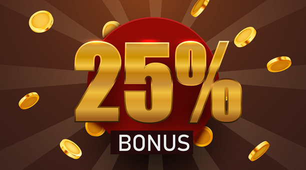 25%奖金与掉落的金币。现金返还或奖品概念。图片下载