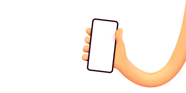 可爱的卡通手握着智能手机。现代化的展示图。图片下载