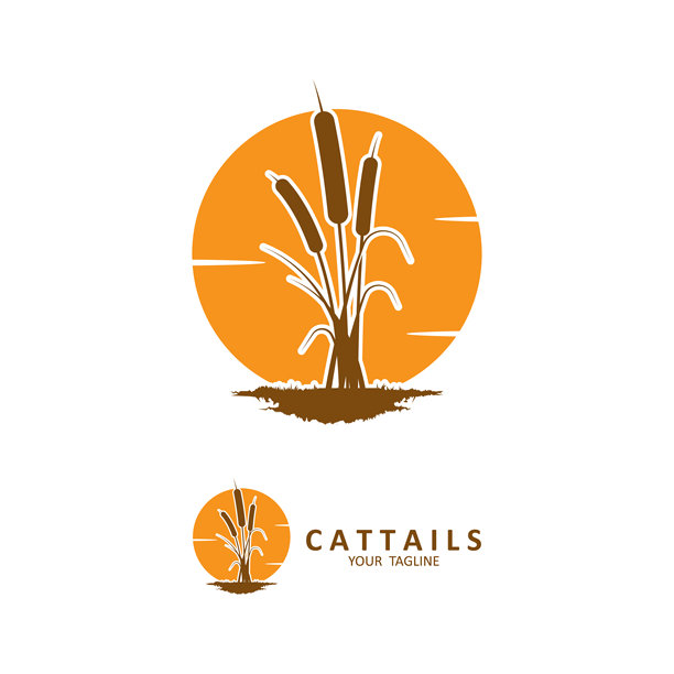 香蒲草标志矢量插图设计，圆形徽章，优雅装饰标志，单线设计。香蒲轮廓矢量设计。图片下载