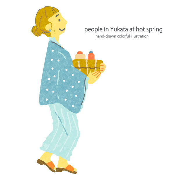 日本温泉与游客，手绘插图图片下载