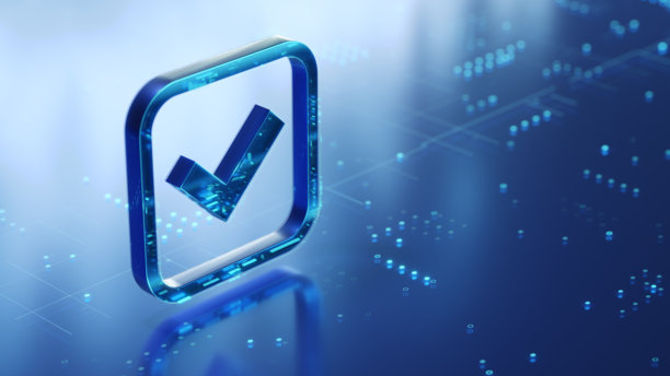 带有抽象发光点和线条的未来主义光面上的3D复选标记图片下载