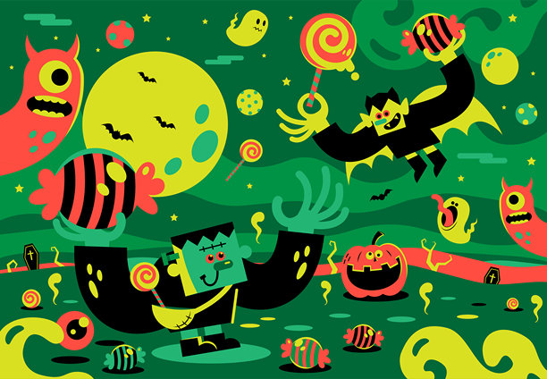 吸血鬼王子带着糖果飞行，科学怪人正在欢迎。这是一个异想天开的万圣节派对，有满月、蝙蝠、幽灵、糖果、眼球、怪物、棺材和南瓜灯等万圣节背景图片下载