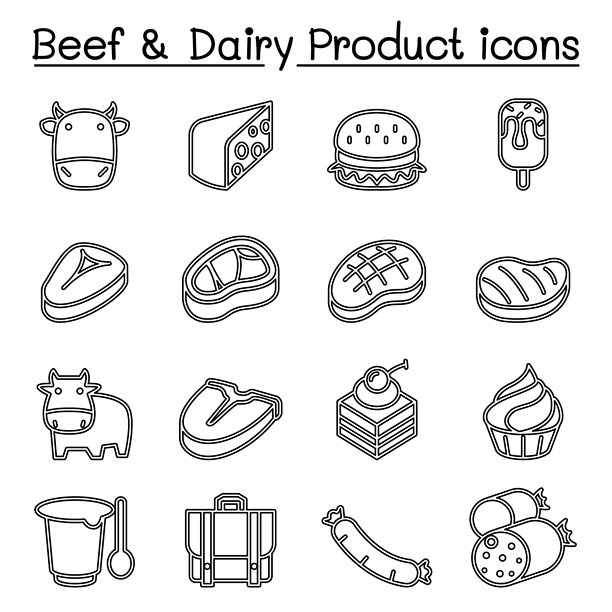 牛肉和乳制品图标集，细线风格图片下载