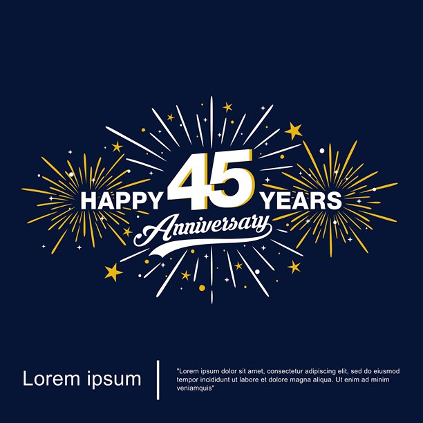 45周年纪念庆祝徽章。带有烟花、闪光、星星的快乐周年纪念标志。适用于网页、传单、海报、邀请卡和贺卡的矢量插图模板。图片下载