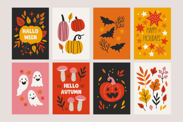 万圣节贺卡，配有南瓜、蝙蝠、鬼魂、星星、树叶和蘑菇图片下载