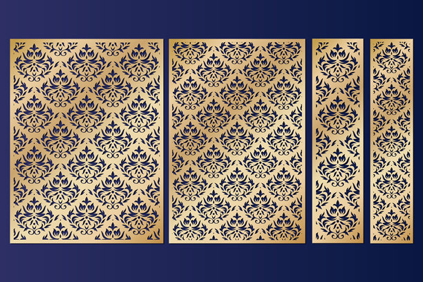 带有达马斯克镂空图案的面板套件，激光切割模板，矢量图。图片下载