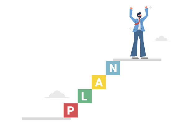 商人庆祝成功，站在拼成“PLAN”的彩色积木楼梯上。图片下载