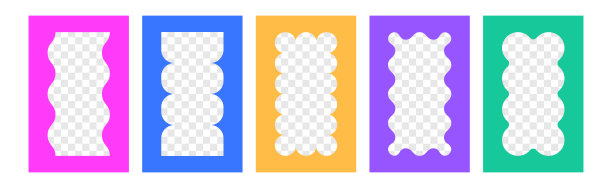 一组矩形波浪形照片框，色彩丰富的波动边框，带有波浪状锯齿边缘图片下载