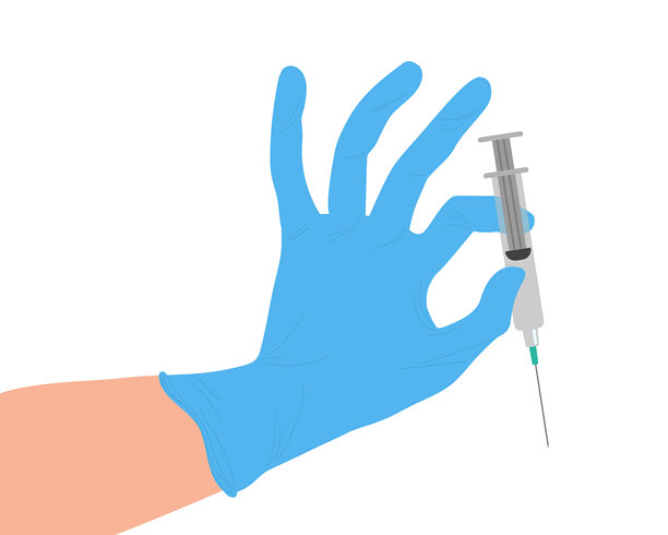 人手戴着蓝色医用手套，手持注射器准备进行注射。注射器内含药物、疫苗或美容产品。医疗保健，医学矢量插图，平面风格，背景透明。图片下载