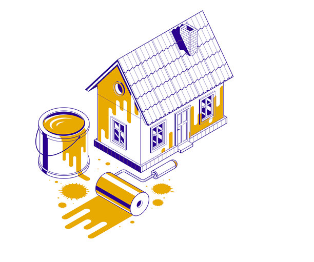 房屋外墙涂装的矢量3D等距插图，DIY外立面涂装翻新，住宅小型家庭房屋或小屋，外部涂装建筑。图片下载