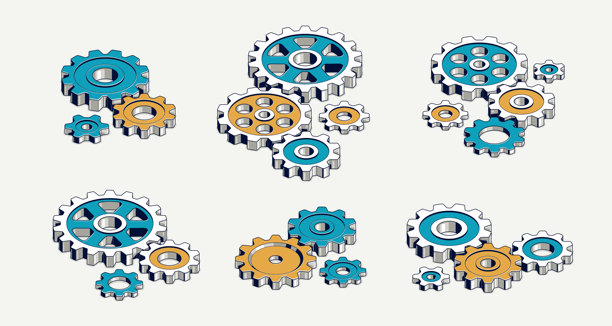 工业和制造概念集，齿轮和齿轮组合的等距3D矢量插图，齿轮系统技术和机械引擎。图片下载