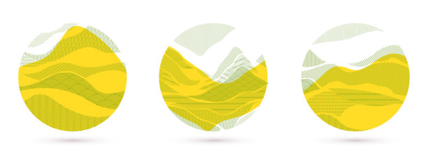 抽象的东方日本艺术矢量背景集，黄色圆形，传统风格设计，波浪形状和山地地形，像海洋般流动的线条。图片下载