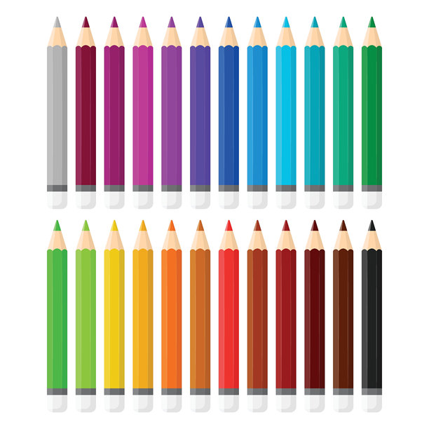 彩色铅笔图标集，扁平风格。蜡笔矢量插图，背景为单色。绘画工具标志商业概念。图片下载