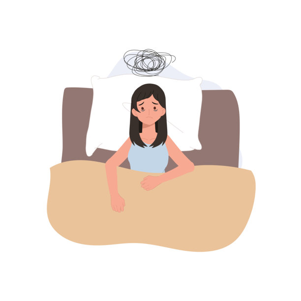 失眠与睡眠问题。穿着睡衣的失眠女性，眼圈发黑，挣扎于睡眠不足。图片下载