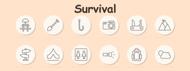 生存装备图标：铲子、帐篷、手电筒、刀、相机、山地徒步、背包、户外冒险、钩子、树木、露营、工具、探索、准备、生存装备图片下载