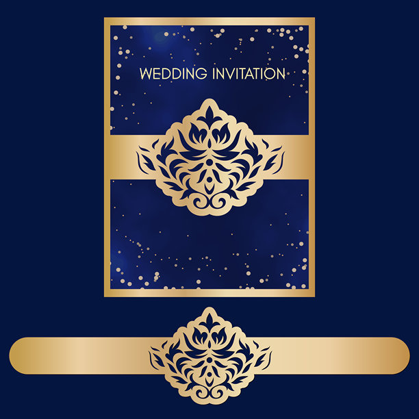 带有腹带的婚礼邀请函，花纹为达马斯克，切割模板，矢量图。图片下载